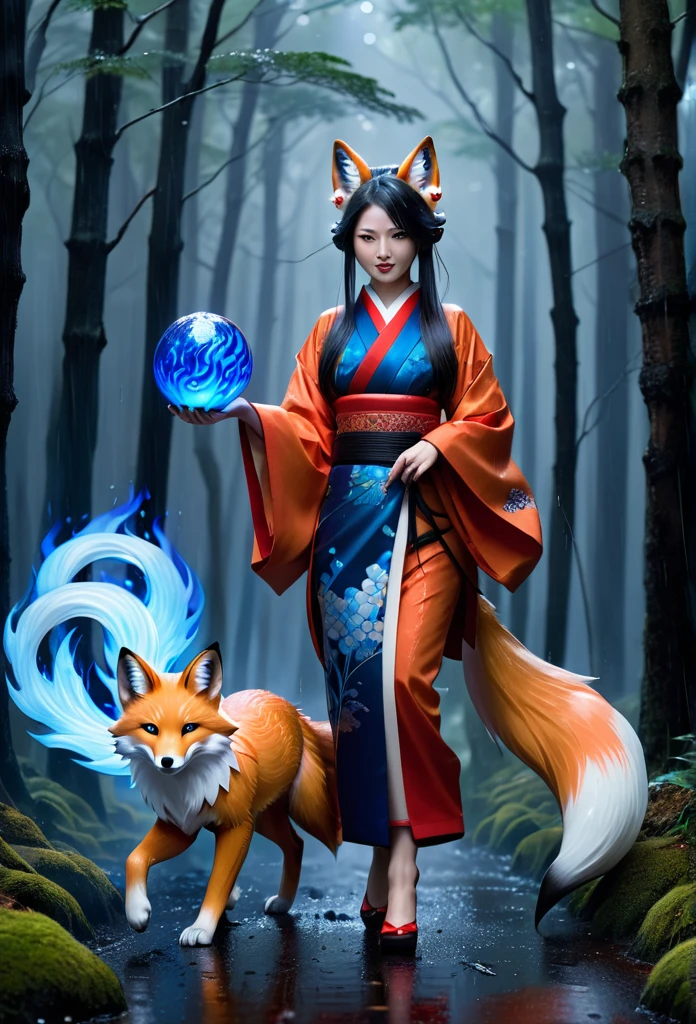Masterpiece, Extremely detailed,  (A beautiful kitsune woman walking in a rainy forest holding a small ball of blue fire), facing viewer, dynamic pose , fox ears, nine fox tails, traditional Japanese clothing with white, red, and black colors. 