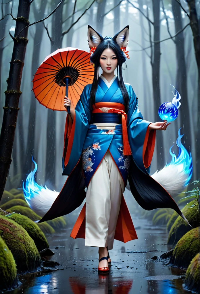 Masterpiece, Extremely detailed, (A beautiful kitsune woman walking in a rainy forest holding a small ball of blue fire), facing viewer, dynamic pose , fox ears, nine fox tails, traditional Japanese clothing with white, red, and black colors.
