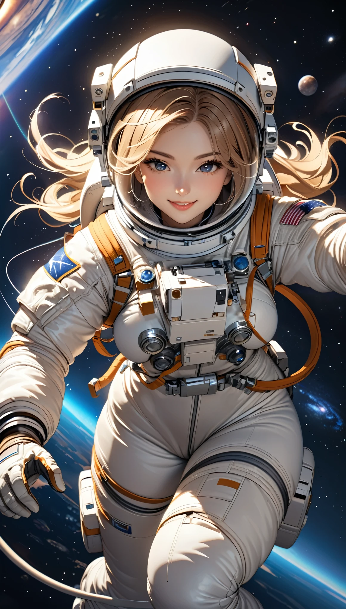 (masterpiece:1.2, Highest quality,High resolution,Very detailed),8k,wallpaper,(Female astronaut doing a spacewalk),Spacesuit,Milky Way,milky way,(Cute smile),(sexy),(Voluptuous:1.3),(Rendering something floating in space),(((Hand,detailed,perfect,perfection,hands))),(dynamic:1.6),((action shot))