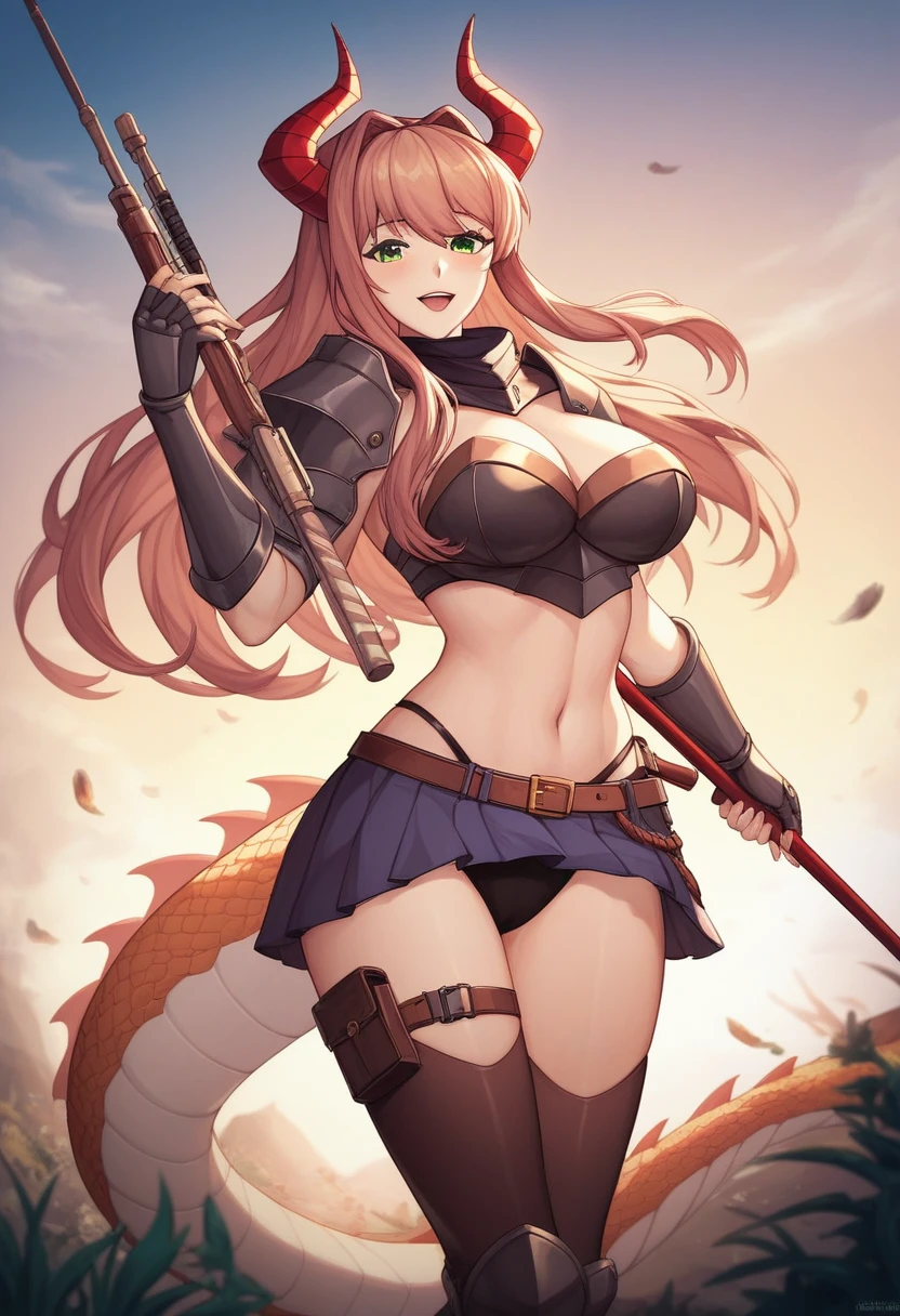 (masterpiece, best quality:1.2)((coral brown hair))((emerald green eyes)),solo,1girl,monika(doki doki literature club),(yellowish white dragon horns),(tilted horns),(green_dragon_tail),hair_between_eyes, combat_clothing, ((armor))