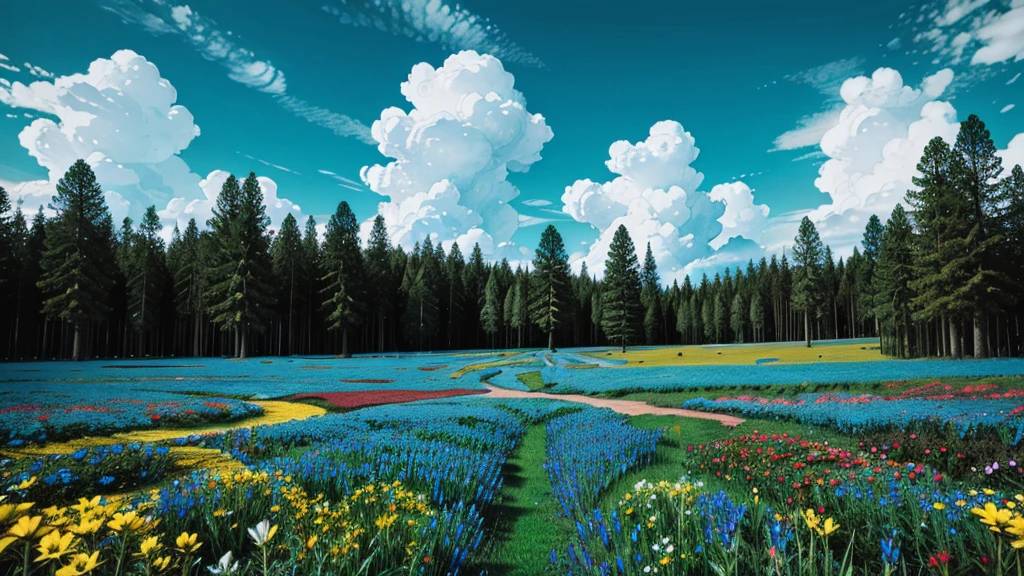 magic forest, flowers, blue sky, clouds