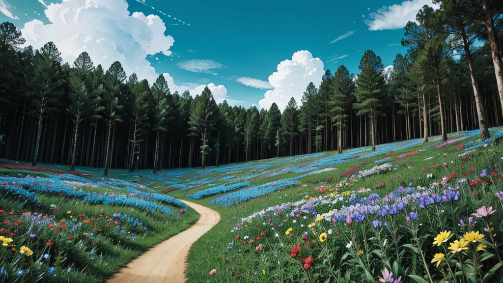 magic forest, flowers, blue sky, clouds