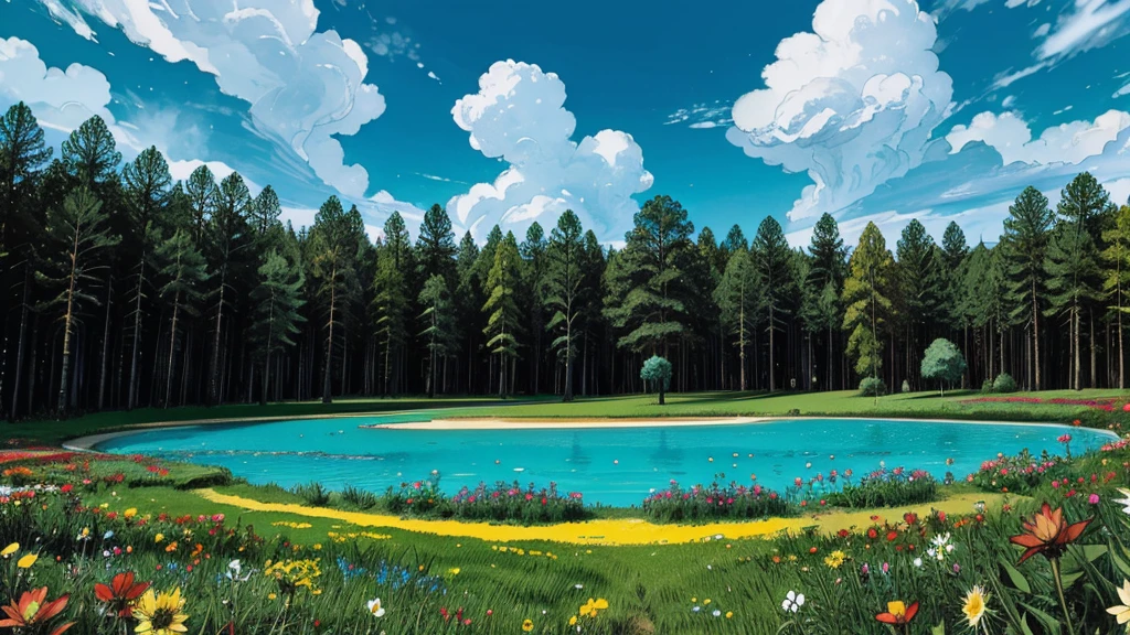 magic forest, flowers, blue sky, clouds