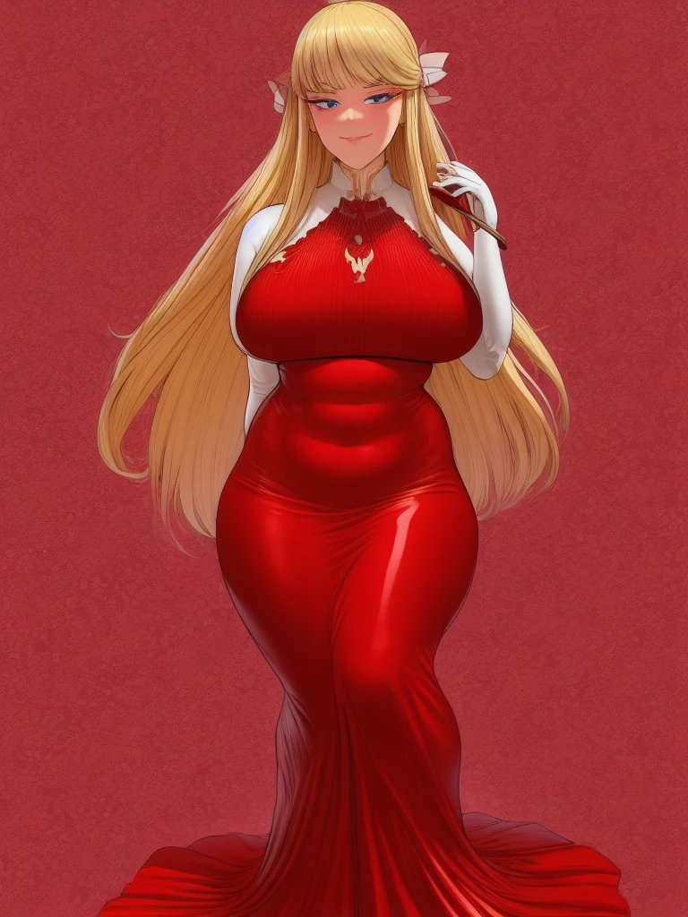 scarlett,blue eyes,blond hair,bangs,long hair, detailed ((full body))
Tight red dress, exposed midriff, ,white elbow gloves,red hair ribbon,
smug, smug smile,
(Food buffet background)
(insanely detailed, beautiful detailed face,beautiful detailed eyes, masterpiece, best quality) solo,