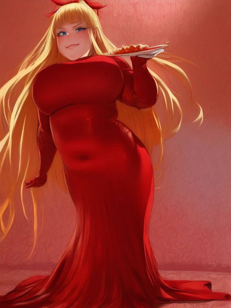 scarlett,blue eyes,blond hair,bangs,long hair, detailed ((full body))
Tight red dress, exposed midriff, ,white elbow gloves,red hair ribbon,
smug, smug smile,
(Food buffet background)
(insanely detailed, beautiful detailed face,beautiful detailed eyes, masterpiece, best quality) solo,