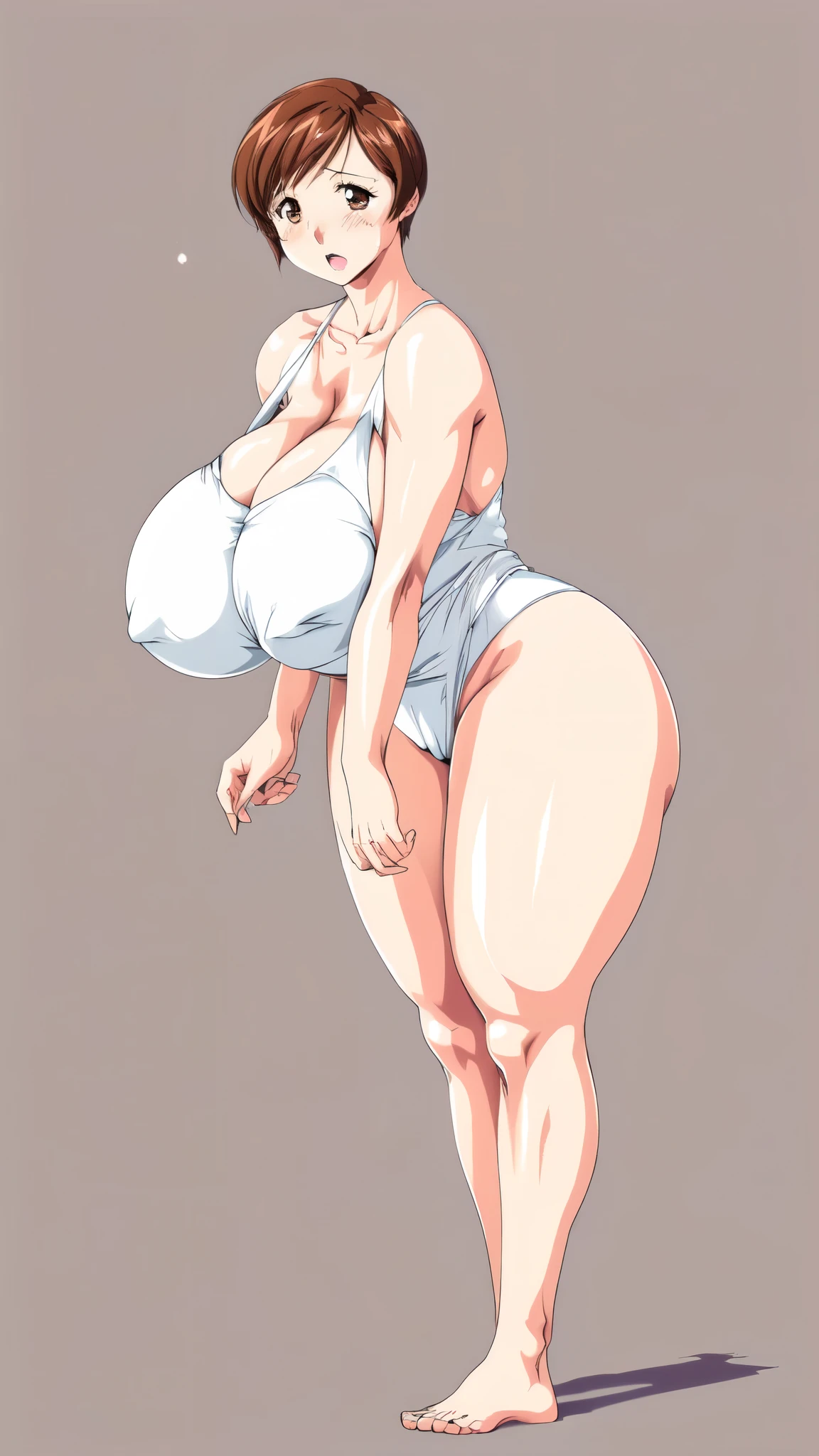 masterpiece, highest quality, High resolution, One girl, solo, intercographic imaghort hair, etsukoto, brown Eyes, fine grain, fine grain, long legs, (((Thick thighs, Plump thighs, Voluptuous thighs, Thighs alone are enough))), Huge and ample breasts, Cleavage, bigreasts, Nig,((big breasts artant))、((Naughty thighs(thin:1.4),(Tight waist:1.4), (white swimsuit:1.4), anguish, blash, (((Simple Background))), ((Wide Hips)), Shiny, Oily skin, Mature mother, Calf, Seductive mature woman, milf, Perfdy, Plus Size Model, curvy, ampsukoto, blush,vicle, retro artstyle, 1990s (style), (thick thighs:1.4), bursting breasts, full body, feet, (from side:0.9),