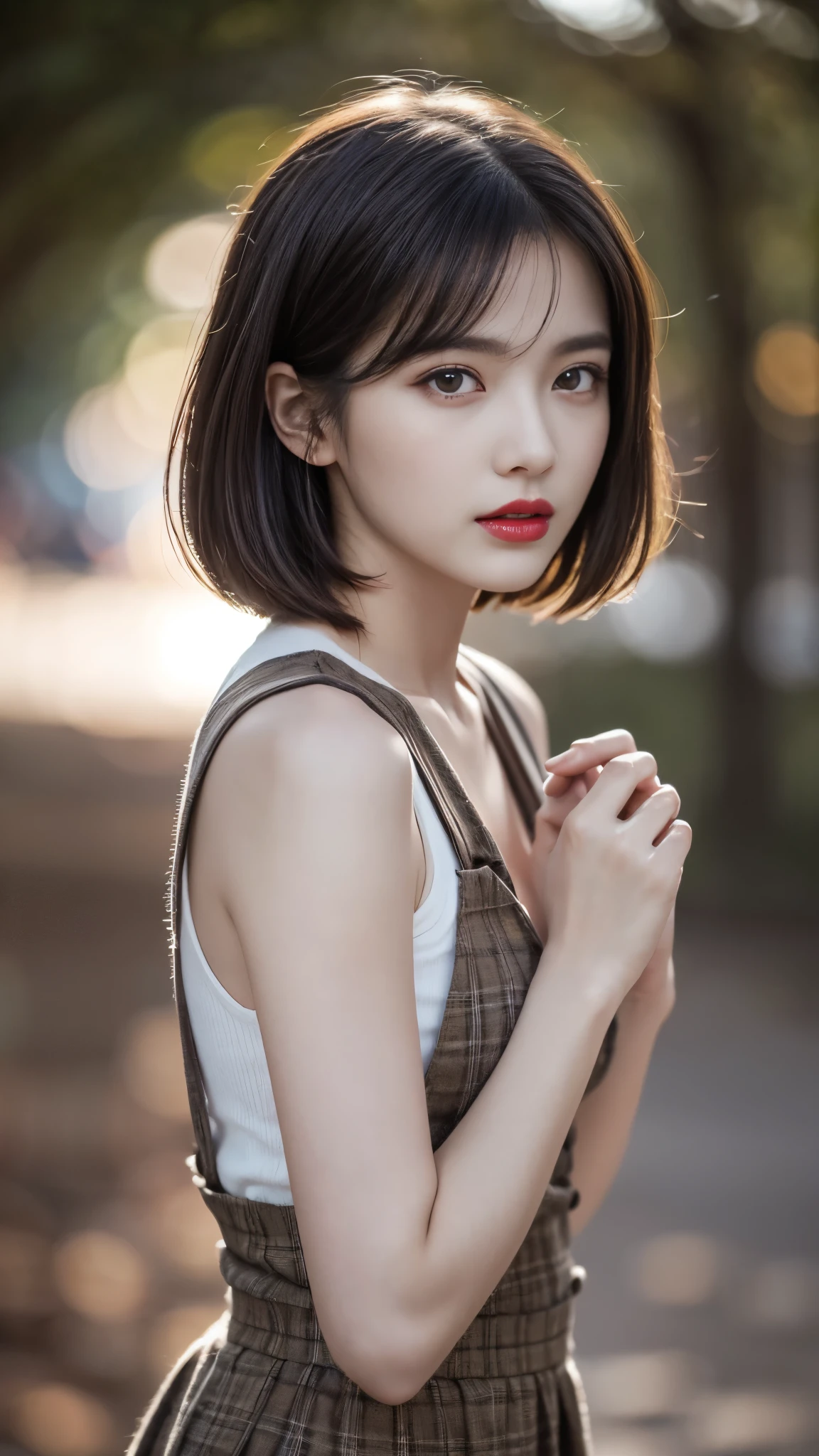 (Best quality,8k,high resolution,masterpiece:1.2),Digital Artwork, A girl,Delicate face,Delicate eyes,Dark brown hair,Short straight hair,Shining amber eyes,Red lips,suspender long skirt,particle,dust,Warm colors,shy,in love,Eevee drawing,(HD skin),Shallow depth of field,Film photos