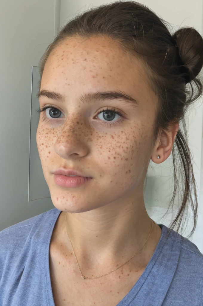 A pretty 14 years old girl, hair bun, freckles