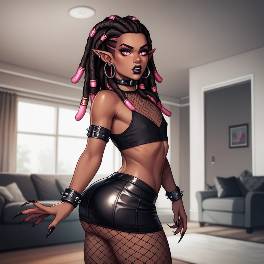 Best quality, highly detailed, ultra detailed, 1 brown skin boy, flat chest, male chest, slim curvy body, long pink dreadlocks, pink dreadlocks, pink eyes, vampire, pointy ears, sharp nails, black lipgloss, goth, black crop top, black mini skirt, fishnets, big butt, living room, leaning into camera, intimidating audience
