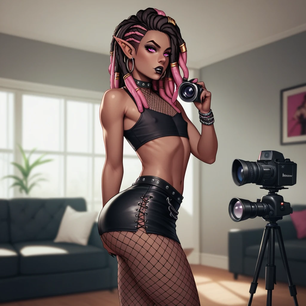 Best quality, highly detailed, ultra detailed, 1 brown skin boy, flat chest, male chest, slim curvy body, long pink dreadlocks, pink dreadlocks, pink eyes, vampire, pointy ears, sharp nails, black lipgloss, goth, black crop top, black mini skirt, fishnets, big butt, living room, leaning into camera, intimidating audience