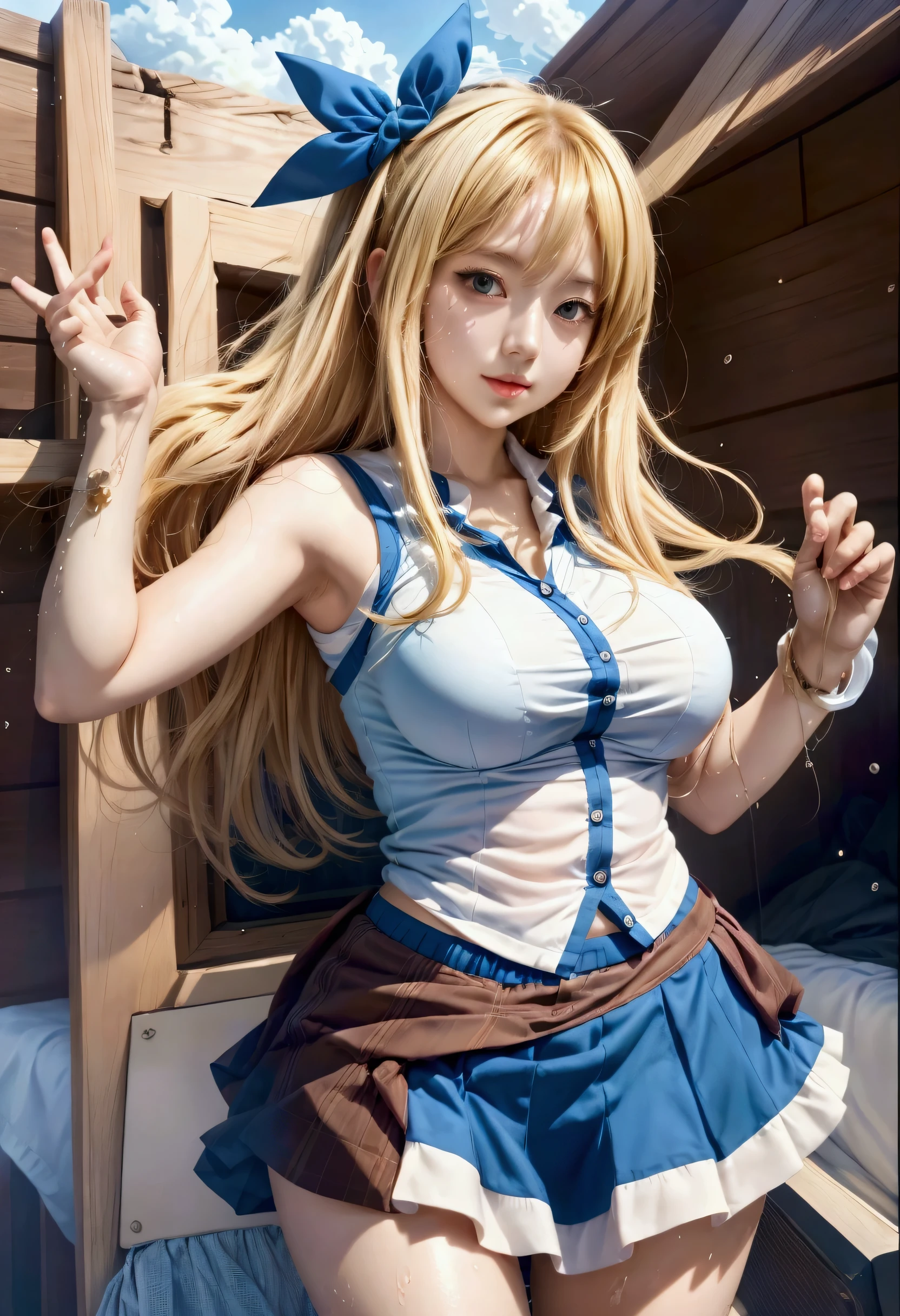 anime girl in a short skirt and a blue top posing for a picture, anime girl named lucy, female anime character, hq artwork, splash art anime , official artwork, marisa kirisame, blonde anime girl with long hair, official art, key anime art, high detailed official artwork, detailed key anime art, portrait of a female anime hero, seductive anime girl