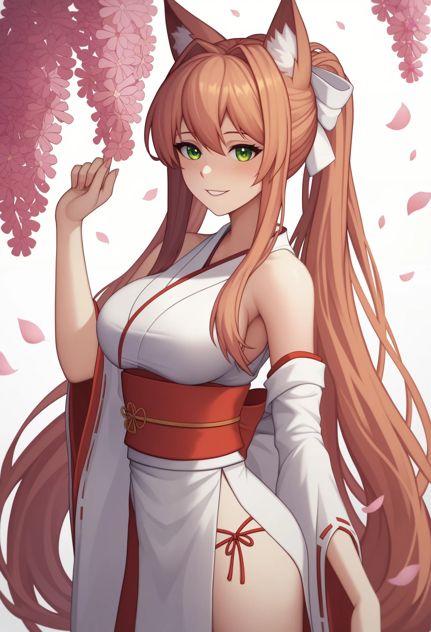 (masterpiece, best quality:1.2)((coral brown hair))((emerald green eyes)),solo,1girl,monika(doki doki literature club), animal_ears,(standing_fox_ears),hair_between_eyes, miko_clothing, japanese_clothing , sleeveless_shirt, ((sexy_miko_clothing))