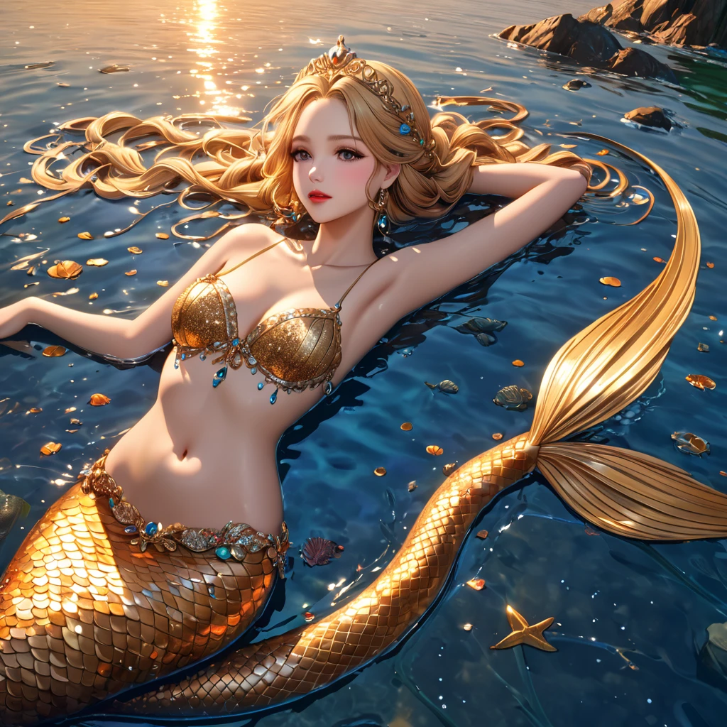 cute 20 year old mermaid princess with blonde hair with braids wearing beautiful hair accessoires laying on the side on the water posing, sunset, wears a golden glittery mermaid bra, beautiful mermaid, beautiful detailed human face, red lips, alluring eyes, elaborated mermaid golden tail, serene, masterpiece, full body shot, highres, high resolution, high quality, intricate details, extremely detailed, incredible details, full colored, complex details, insanely detailed and intricate, extremely detailed with rich colors. masterpiece, best quality, HDR, UHD, unreal engine, High quality, gorgeous, glamorous, 8k, super detail, gorgeous light and shadow, detailed decoration, detailed lines, glittery, fantasy, pretty colors, anime style
