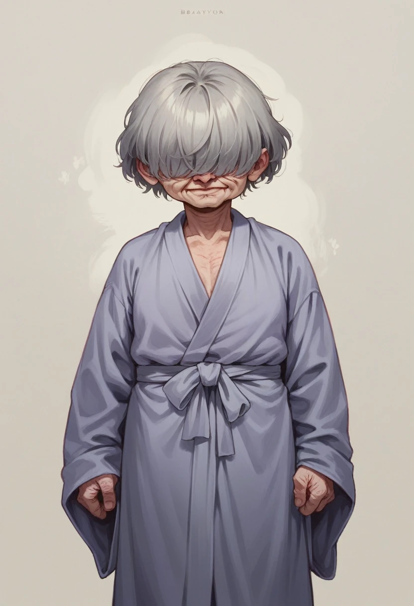 OLD WOMAN BABAMON GREY HAIR HAIR COVERED EYES OLD ROBE LIGHT PURPLE SHORT, robe, dress, shortstack, nsfw, detailed, wrinkles