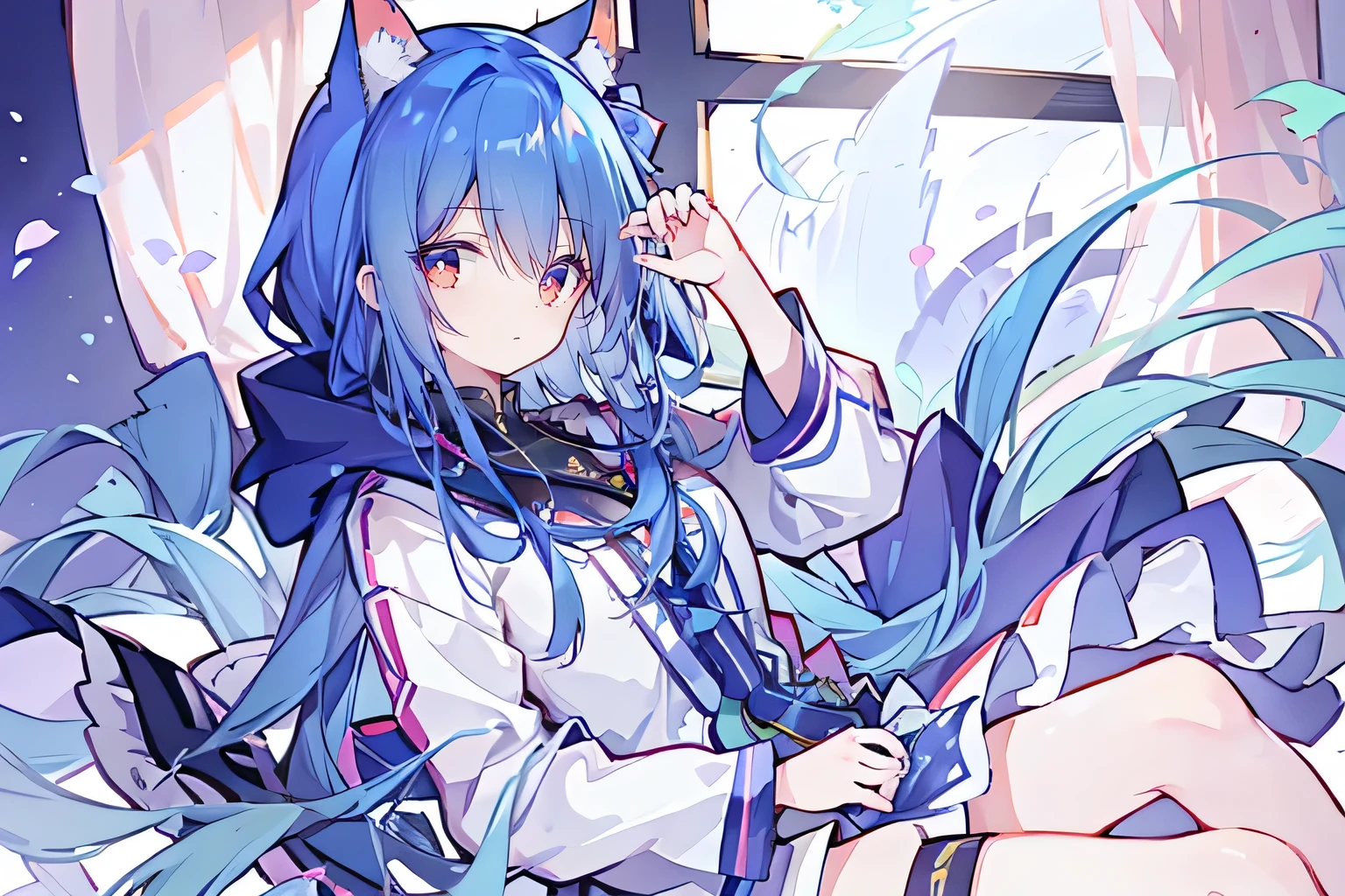 (masterpiece:1.2),Super detailed,lifelike,Expressive eyes,fair skin,perfect face shape,1 girl,
Japanese comics,Gorgeous blue hair,flowing blue hair,flowing clothes,Cat ears,Petals fall,beautiful lola,Baby Angel,
Shaking head with one hand,Cross your legs,Gentle and peaceful background,The pavilion is cool and comfortable,smile, wearing hoodie, In front of the window,snowing