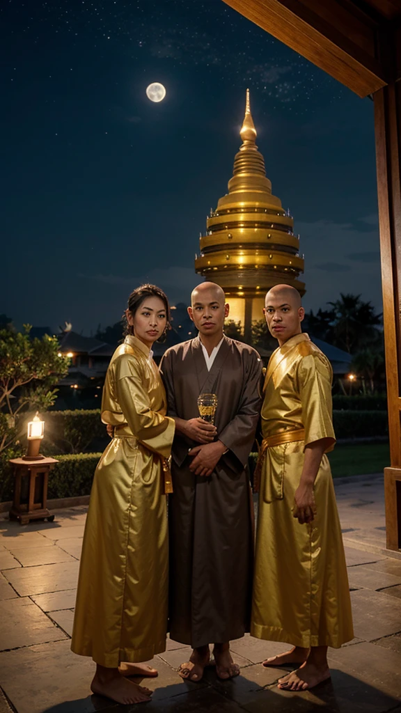 Monks wear robes like in Thailand. All 3 monks are of Chinese descent. They meditate, wearing modest robes but not wearing angsa. Has clear muscles, white skin, and a handsome face. Beaming Three people had their heads freshly shaved and their eyebrows shaved. All three of them sat and caressed a large yellow candle. The background is a golden Thai style pagoda at night. There is a full moon floating in the middle of the sky with twinkling stars. Realistic picture.