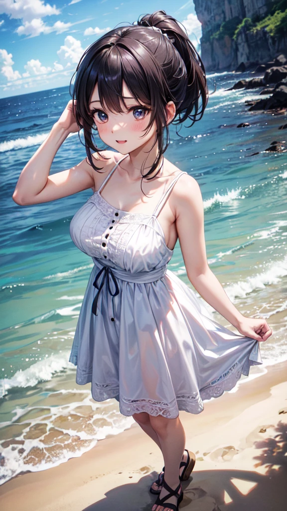 The whole picture is shown,fullbody,lol顔で歩いている,太陽がbright,Hands Behind,Very cute beautiful girl,A white sundress with delicate ruffles,(Very fine beautiful face), (lol),Black Hair, cloth,Beach,From above), (Highest quality,masterpiece:1.2),Absurd,High resolution,Very detailed,Very detailed,32K,8k resolution, Intricate details,Movie Scenes,Detailed Background,Dynamic Angle, Natural light,Hair blowing in the wind,Beautiful and detailed sky, (practical),ponytail,lol顔がかわいい全体像,Large breasts,微lolんでいる,bright,Holding her hair in both hands,もっとlolって,Five fingers,Touching hair,lol顔,lol顔,lol顔