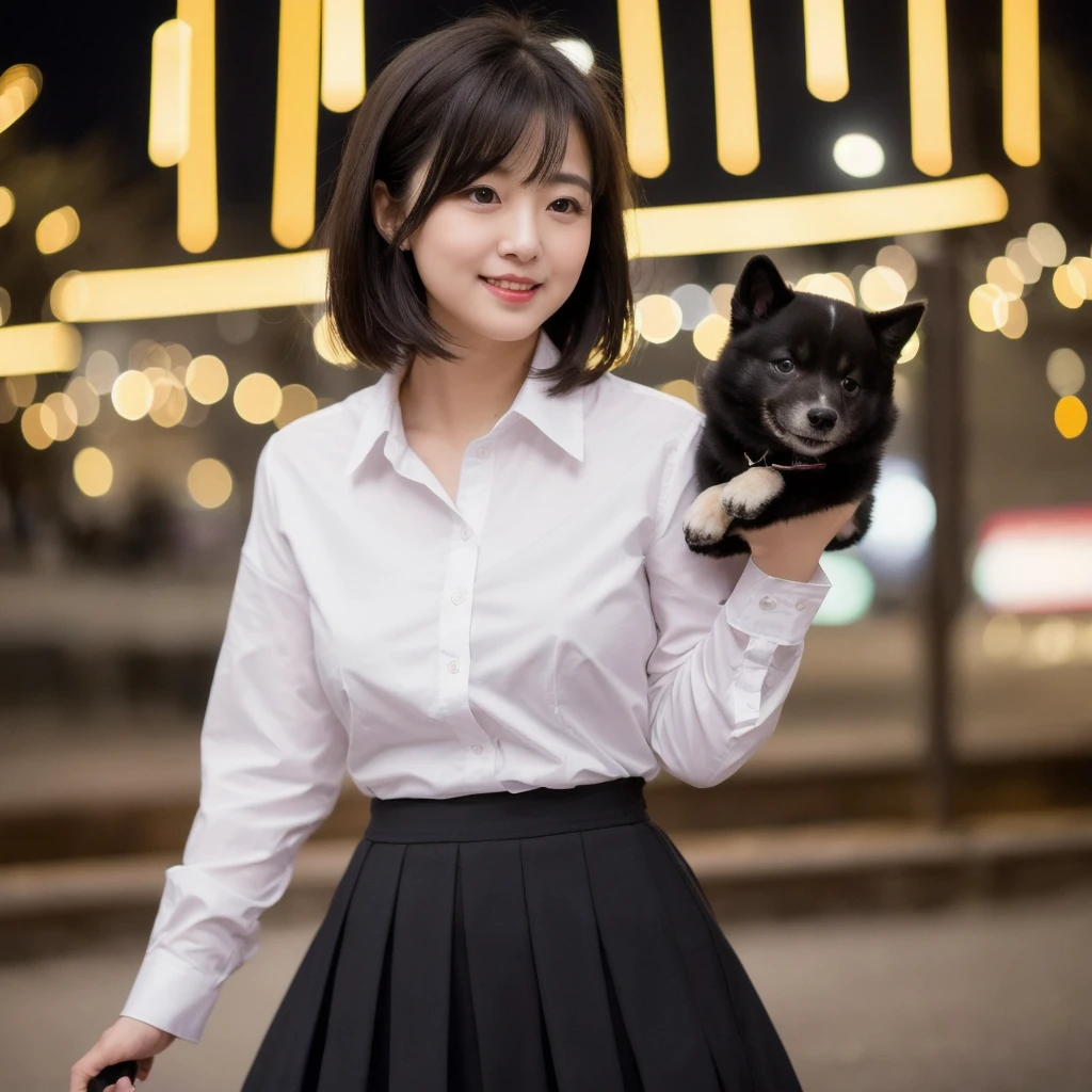 Woman playing with a small black Shiba Inu、Stylish uniform(White shirt and skirt)、Super delicate dog facial expression、Lens flare、風にFluttering Hair、Medium Hair、A breath expressing one whiteness、Photo from the waist up、Night city illumination shot、Cowgirl Shot、smile、Highly detailed photos、Very beautiful woman、Ample breasts、No makeup、(8k、RAW Photos、Highest quality、masterpiece:1.2)、(Realistic、Realistic)、1 girl、((Medium Short Hair、Midwinter、Coldly、it's snowing、The wind is blowing、Fluttering Hair、Blur the background、Colorful illuminations、Looking into the camera:1.4))