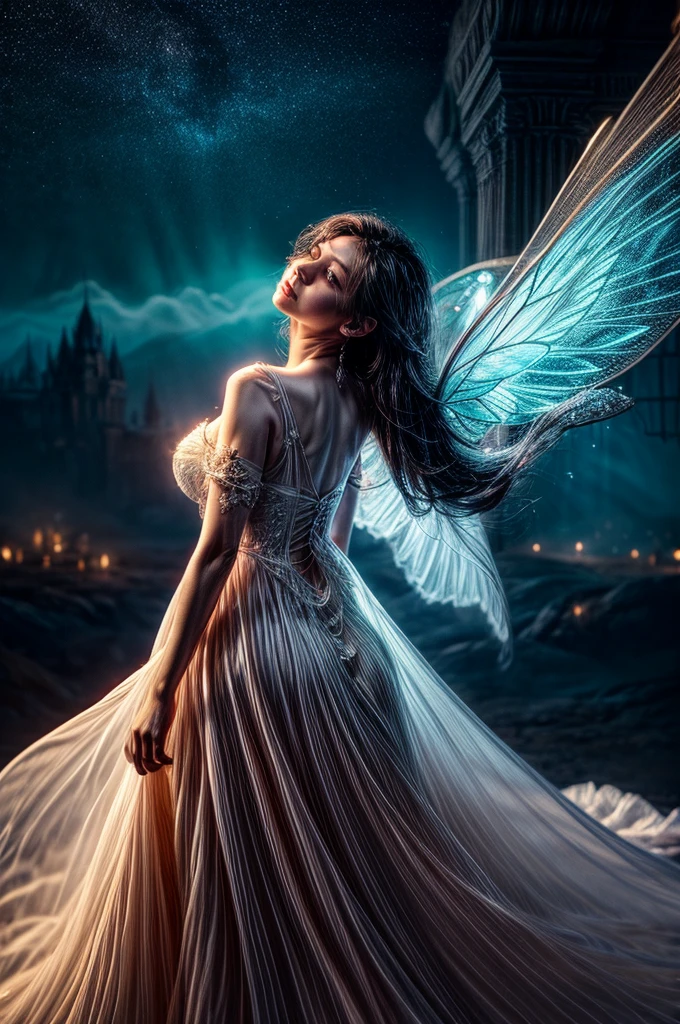 A captivating image of a woman in a flowing, ethereal white gown, standing gracefully with her arms outstretched. The gown features delicate lace detailing and a shimmering effect, reminiscent of a butterfly's wings. Behind her, a luminous heart-shaped backdrop glows softly, with hints of blue and white clouds. The lighting is dramatic and cinematic, creating a dreamlike atmosphere, emphasizing her serene expression and the fluidity of the fabric. The scene conveys a sense of enchantment and elegance, perfect for a fantasy-inspired portrait. detailed matte painting, deep color, fantastical, intricate detail, splash screen, complementary colors, fantasy concept art, 8k resolution trending on Artstation Unreal Engine 5