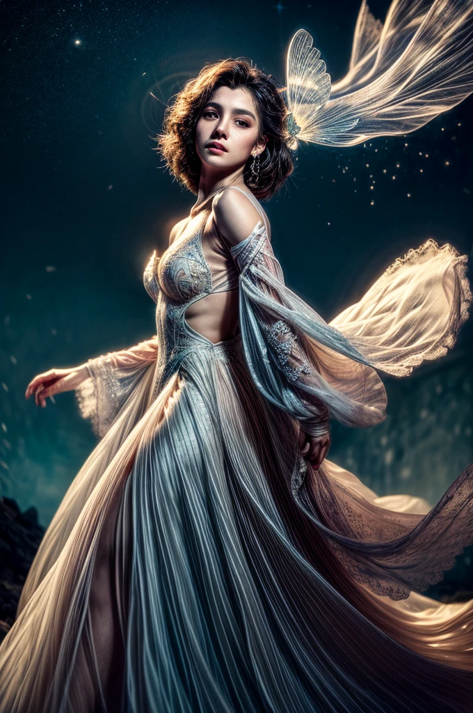 A captivating image of a woman in a flowing, ethereal white gown, standing gracefully with her arms outstretched. The gown features delicate lace detailing and a shimmering effect, reminiscent of a butterfly's wings. Behind her, a luminous heart-shaped backdrop glows softly, with hints of blue and white clouds. The lighting is dramatic and cinematic, creating a dreamlike atmosphere, emphasizing her serene expression and the fluidity of the fabric. The scene conveys a sense of enchantment and elegance, perfect for a fantasy-inspired portrait. detailed matte painting, deep color, fantastical, intricate detail, splash screen, complementary colors, fantasy concept art, 8k resolution trending on Artstation Unreal Engine 5