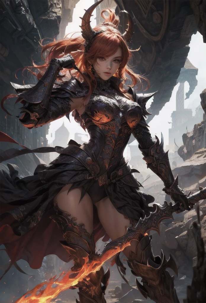 (Detailed illustrations,Very detailed and detailed drawing,Delicate lines with slow and rapid,Realistic texture expression),[Color tressed main line],[Lava cave background [Hot hell:0.4]],HENAI ANIME (Red-skinned DemonGirl 19 years old slender muscular) yellow hair (Devil's Knight:0.8),(Bone armor [crack in the chest:0.6] [Blade of Fresh Blood:0.4]) (edg),[[Dark Fantasy]],(Intricate and beautiful decoration [Dense detail]),(Fine and beautiful skin expression [Transparency]),[Perfect eye details (Iris beautifully drawn in every detail)[Jewel-like eyes]],[long and beautiful eyelashes],[Meticulously drawn hair [More on beautiful and shiny hair]],(Perfect hand details [Beautiful fingers without breakdowns [Beautiful nails]]),(Perfect Anatomy (Perfectly proportioned)) [[Full body like]],[Ideal color coordination(Accurate simulation of light-material interactions)],(HighQuality,[Precision Detail] hight resolution,(detaileds,high-detail)),[Visual art that conveys a sense of narrative].