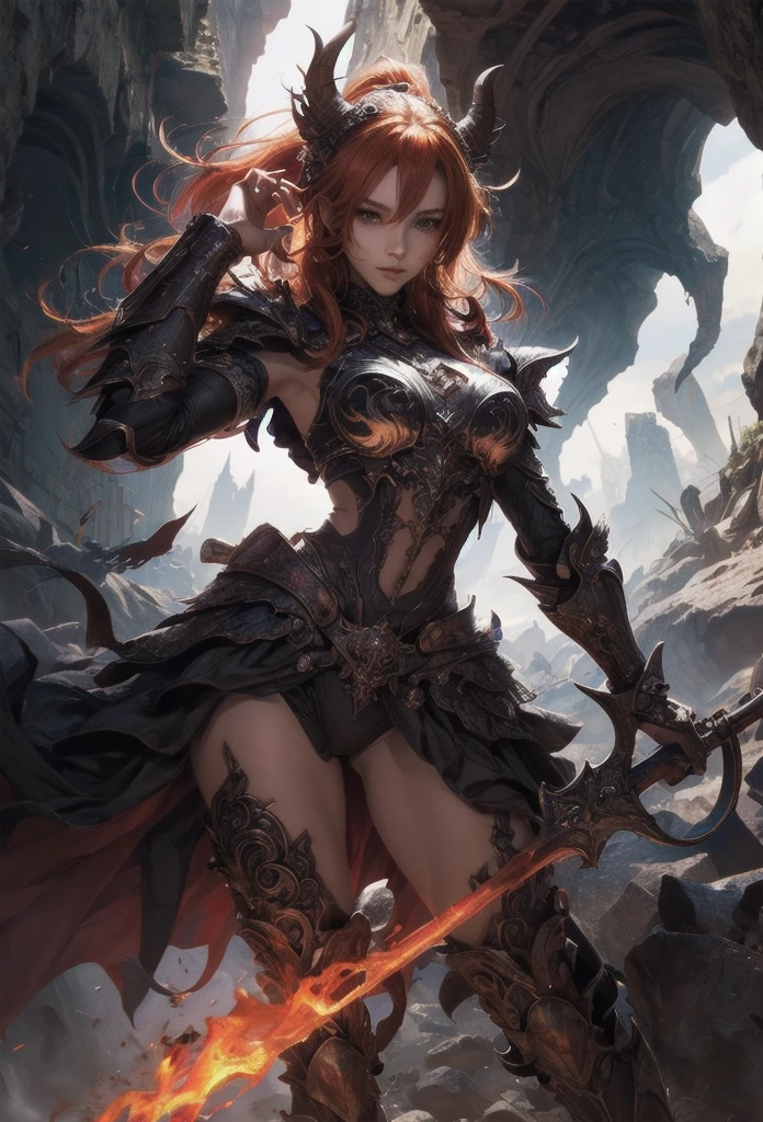 (Detailed illustrations,Very detailed and detailed drawing,Delicate lines with slow and rapid,Realistic texture expression),[Color tressed main line],[Lava cave background [Hot hell:0.4]],HENAI ANIME (Red-skinned DemonGirl 19 years old slender muscular) yellow hair (Devil's Knight:0.8),(Bone armor [crack in the chest:0.6] [Blade of Fresh Blood:0.4]) (edg),[[Dark Fantasy]],(Intricate and beautiful decoration [Dense detail]),(Fine and beautiful skin expression [Transparency]),[Perfect eye details (Iris beautifully drawn in every detail)[Jewel-like eyes]],[long and beautiful eyelashes],[Meticulously drawn hair [More on beautiful and shiny hair]],(Perfect hand details [Beautiful fingers without breakdowns [Beautiful nails]]),(Perfect Anatomy (Perfectly proportioned)) [[Full body like]],[Ideal color coordination(Accurate simulation of light-material s)],(HighQuality,[Precision Detail] hight resolution,(detaileds,high-detail)),[Visual art that conveys a sense of narrative].