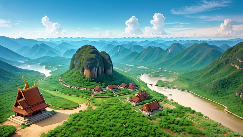Beautiful scenery of ancient Thai village. Aerial view, Photorealistic photos, High definition.