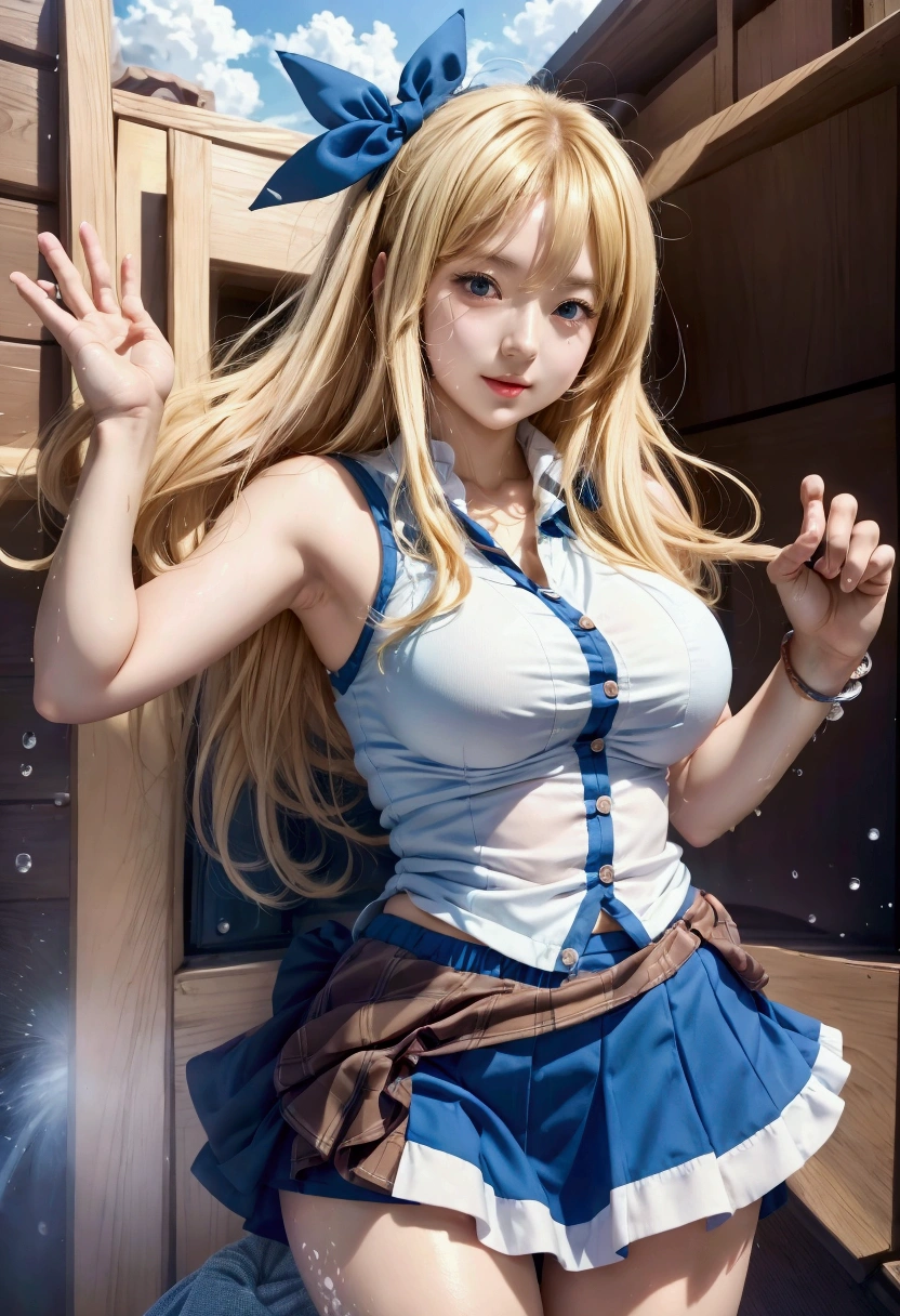 anime girl in a short skirt and a blue top posing for a picture, anime girl named lucy, female anime character, hq artwork, splash art anime , official artwork, marisa kirisame, blonde anime girl with long hair, official art, key anime art, high detailed official artwork, detailed key anime art, portrait of a female anime hero, seductive anime girl