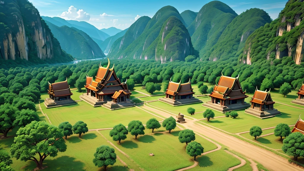 Beautiful scenery of ancient Thai village. Aerial view, Photorealistic photos, High definition.