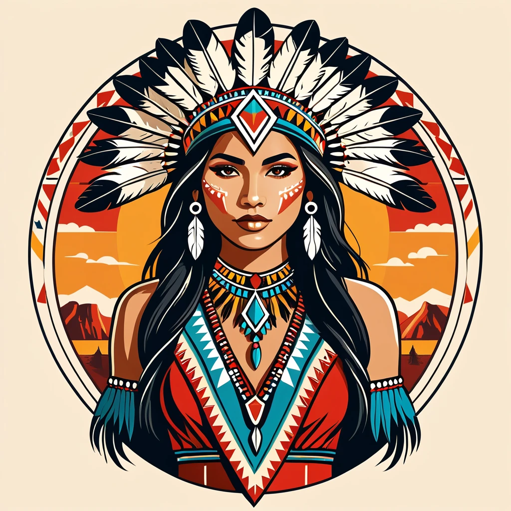female illusionist in native american folk outfit ,vector graphics, strong contours, logo design