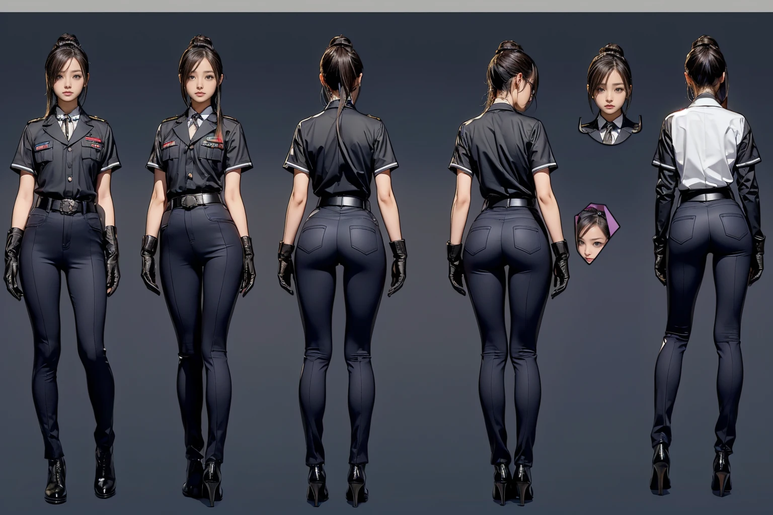 ((masterpiece)),(((Highest quality))),((Reference Sheet, Character Design, front, return, ~ ~ ~ side, Mr...々Hairstyle, Mr...々performance, Facial Expressions)), 14-year-old girl, Cute type,  (Very slim:1.4),  (Very small ass:1.4), Realistic buttocks, Big Breasts, Short Bob, Thin thighs, Long legs, It's not a big deal, ((gloves, uniform, army, army ,belt)), ((Browsing Caution:1.0))