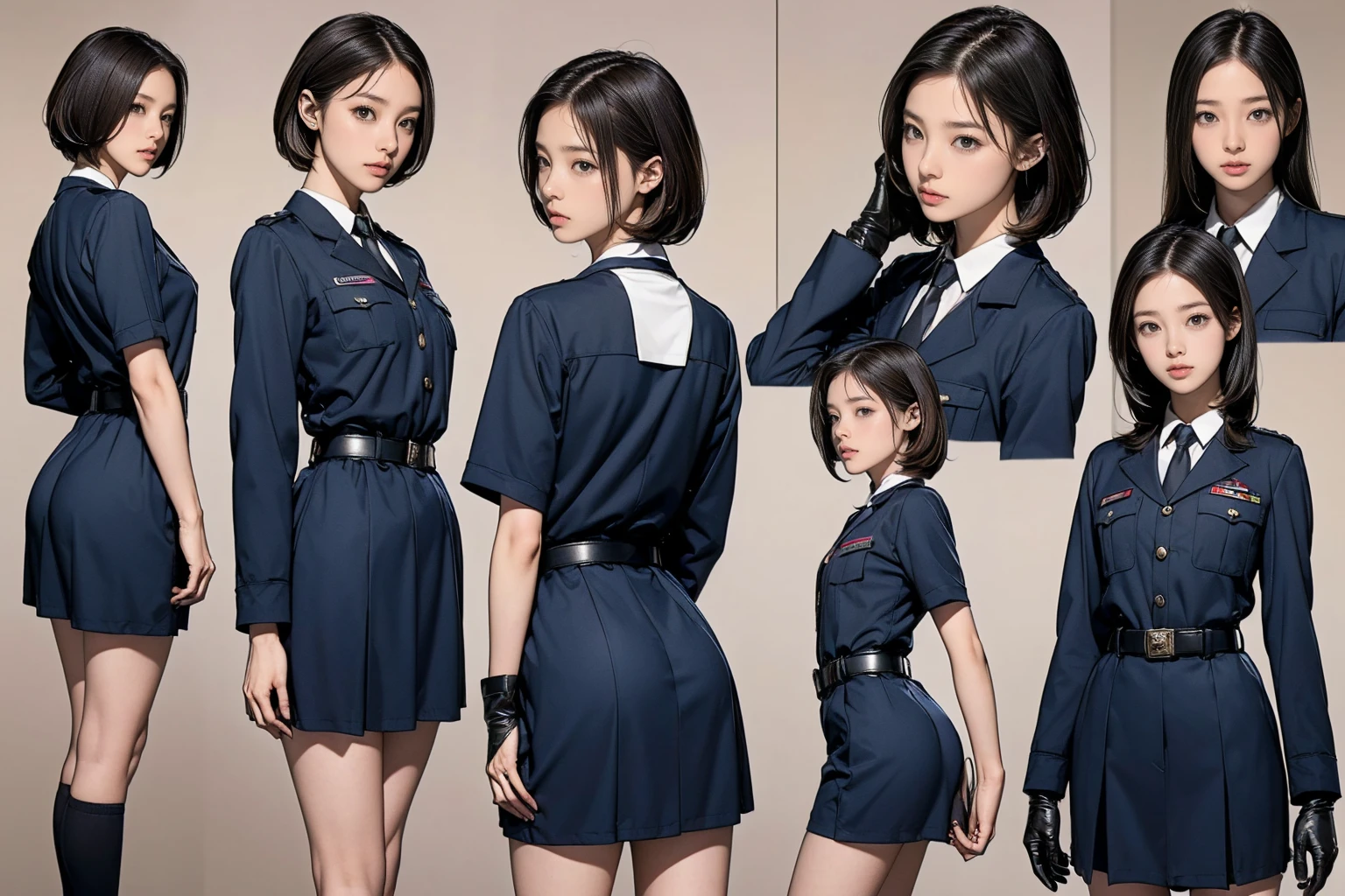((masterpiece)),(((Highest quality))),((Reference Sheet, Character Design, front, return, ~ ~ ~ side, Mr...々Hairstyle, Mr...々performance, Facial Expressions)), 14-year-old girl, Cute type, (Very slim:1.4), (Very small ass:1.4), Realistic buttocks, Big Breasts, Short Bob, Thin thighs, Long legs, It's not a big deal, ((gloves, uniform, army, army ,belt)), ((Browsing Caution:1.0))