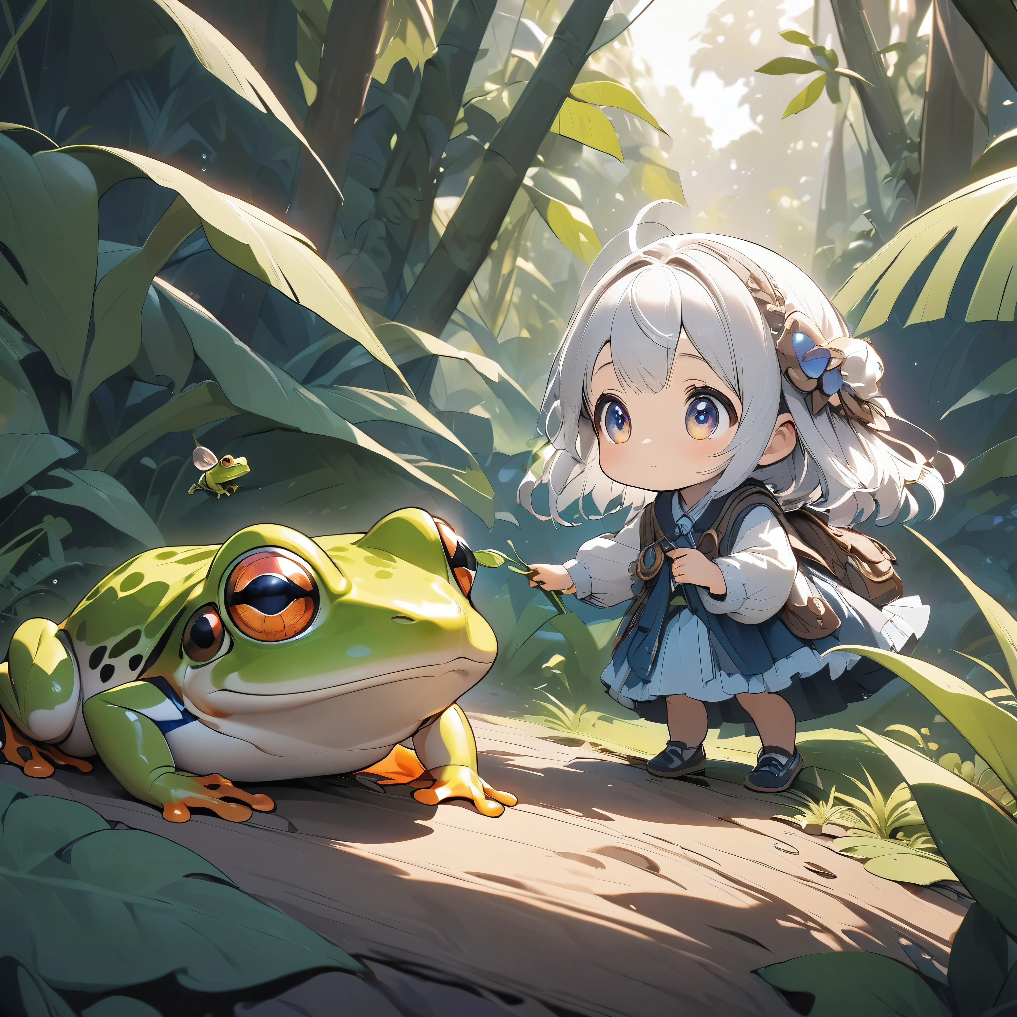 Ultra-small deformation, cute, Searching for frogs in the jungle, 
BREAK Looking at the frog with interest, Curiously, with their eyes shining brightly, 
ARW, 