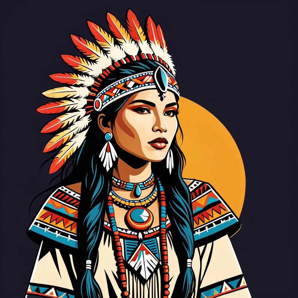 female king in native american folk outfit ,vector graphics, strong contours, logo design