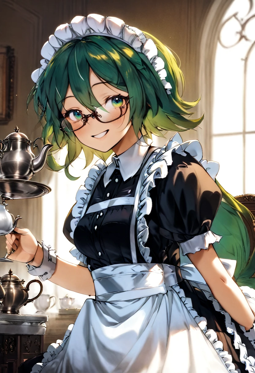 Girl, Long green Hair, wearing glasses, Emerald eyes, Victorian maid, Tea-pot, Smile, Freckles.