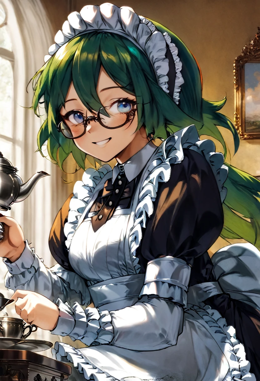 Girl, Long green Hair, wearing glasses, Emerald eyes, Victorian maid, Tea-pot, Smile, Freckles.