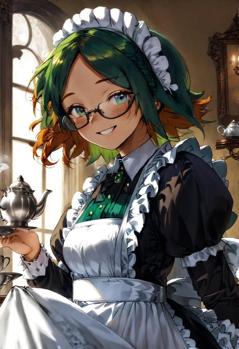 Girl, Long green Hair, wearing glasses, Emerald eyes, Victorian maid, Tea-pot, Smile, Freckles.