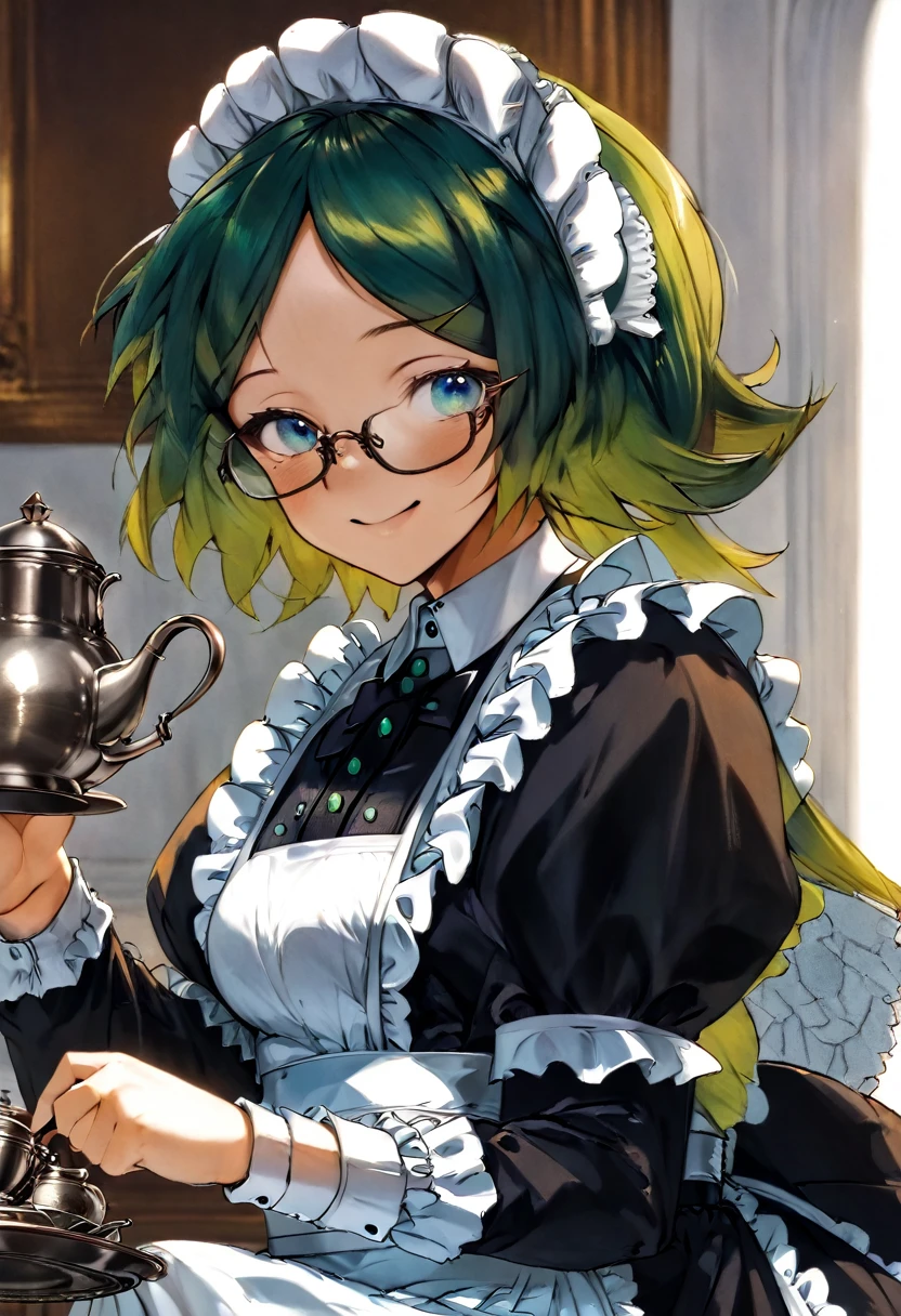 Girl, Long green Hair, wearing glasses, Emerald eyes, Victorian maid, Tea-pot, Smile, Freckles.