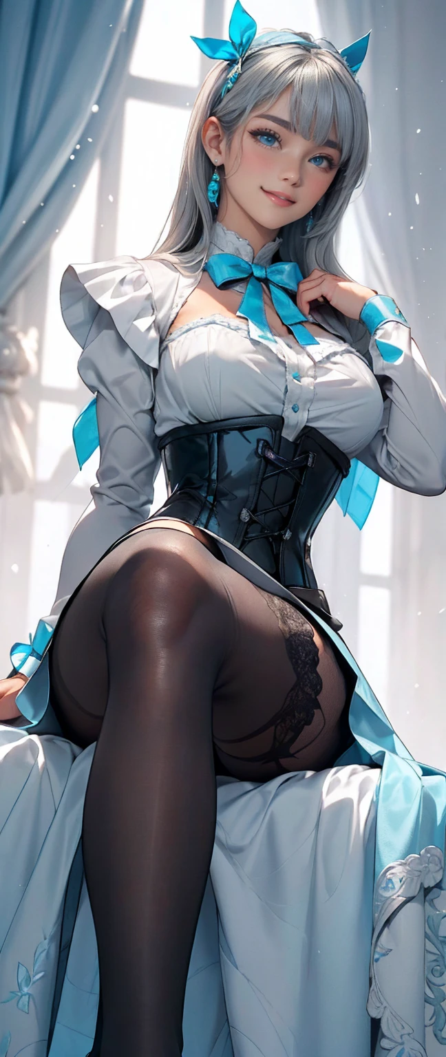 (long beautiful gray hair) Cyan eyes, (Eyes behind long bangs) Large breasts, Standing pose, Put your hands behind your back,  (Wearing stockings) Perfect beautiful shiny cyan shoes (A perfect and flawless aristocrat in a luxurious black court maid outfit)  Side pose (Girl 1, straight, Gray hair that is not too long, Bangs covering one eye, Soft Face, A kind smile) Grey long hair, beautiful Cyan eyes (Sitting pose, Lower your right hand, Left hand down, leaning posture,  just smile, (Blank white background) Wearing a black corset, (Uses beautiful bright blue ribbon) Kawai&#39;s shy and cute eyes (Black shoes must be shiny, Please wear short white socks) Wrists must be fully exposed, Without covering both sides with cloth Wrists must be fully exposed, Without covering both sides with cloth Wrists must be fully exposed, Without covering both sides with cloth, Her bangs completely cover the toes of her left foot., Long bangs covering the left eye, Black maid shirt, long sleeves, Cold Face, Royal Minister, Standing pose 