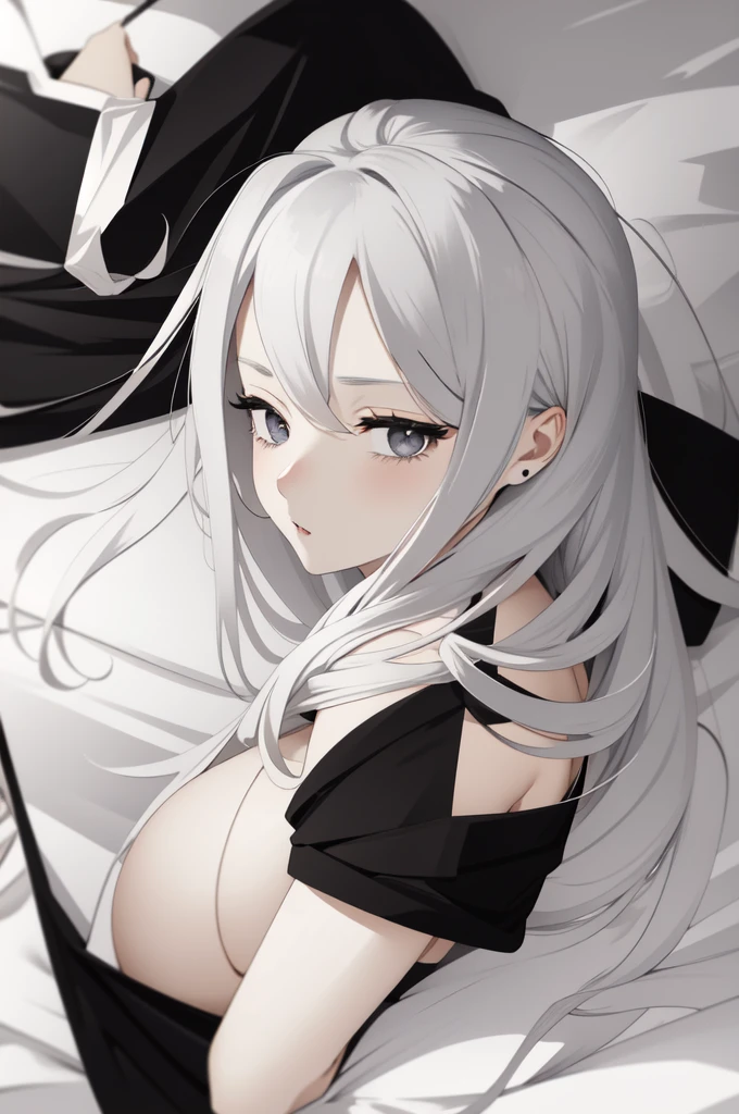 Dream girl white hair black dress gray eyes,lying on the bed looking at me,bust,from_side,stare,eye-contact,looking_at_viewer,wife,