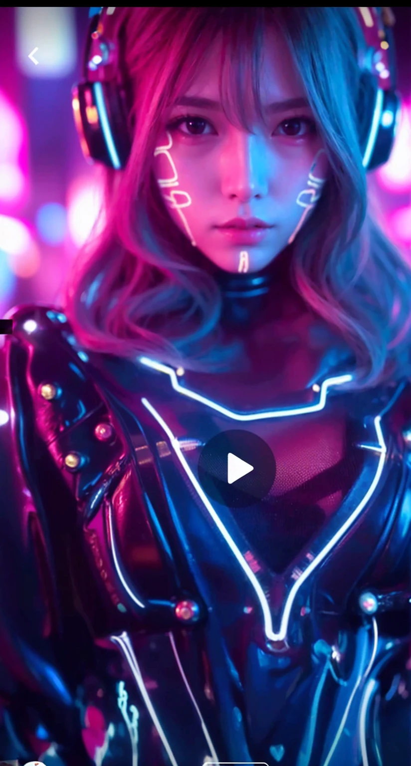 One girl, Tokyo Street,night, Cityscape,City lights,Upper Body,close,smile,, (8k, RAW Photos, Highest quality, masterpiece:1.2),(Realistic, photo-Realistic:1.37),Futuristic background,Neon decoration,Leather Suit,Big Breasts,Holding a gun,headphone