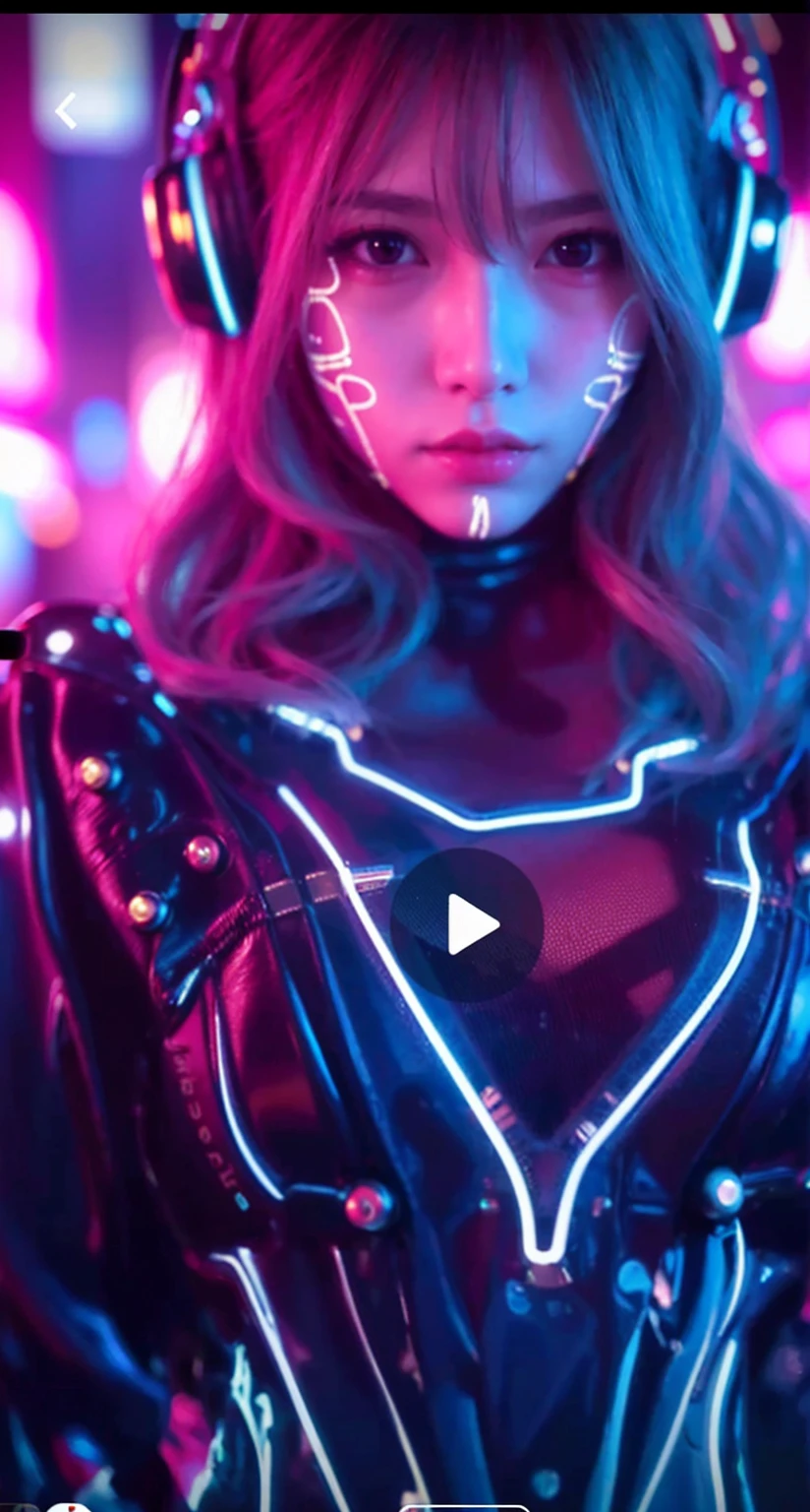 One girl, Tokyo Street,night, Cityscape,City lights,Upper Body,close,smile,, (8k, RAW Photos, Highest quality, masterpiece:1.2),(Realistic, photo-Realistic:1.37),Futuristic background,Neon decoration,Leather Suit,Big Breasts,Holding a gun,headphone