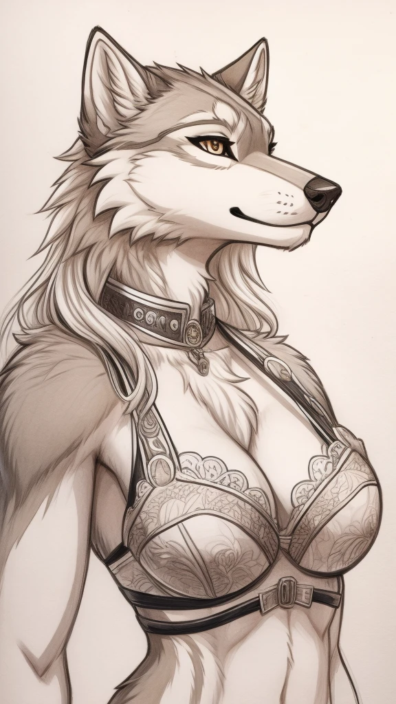 Furry wolf female anthropomorphic line art drawing