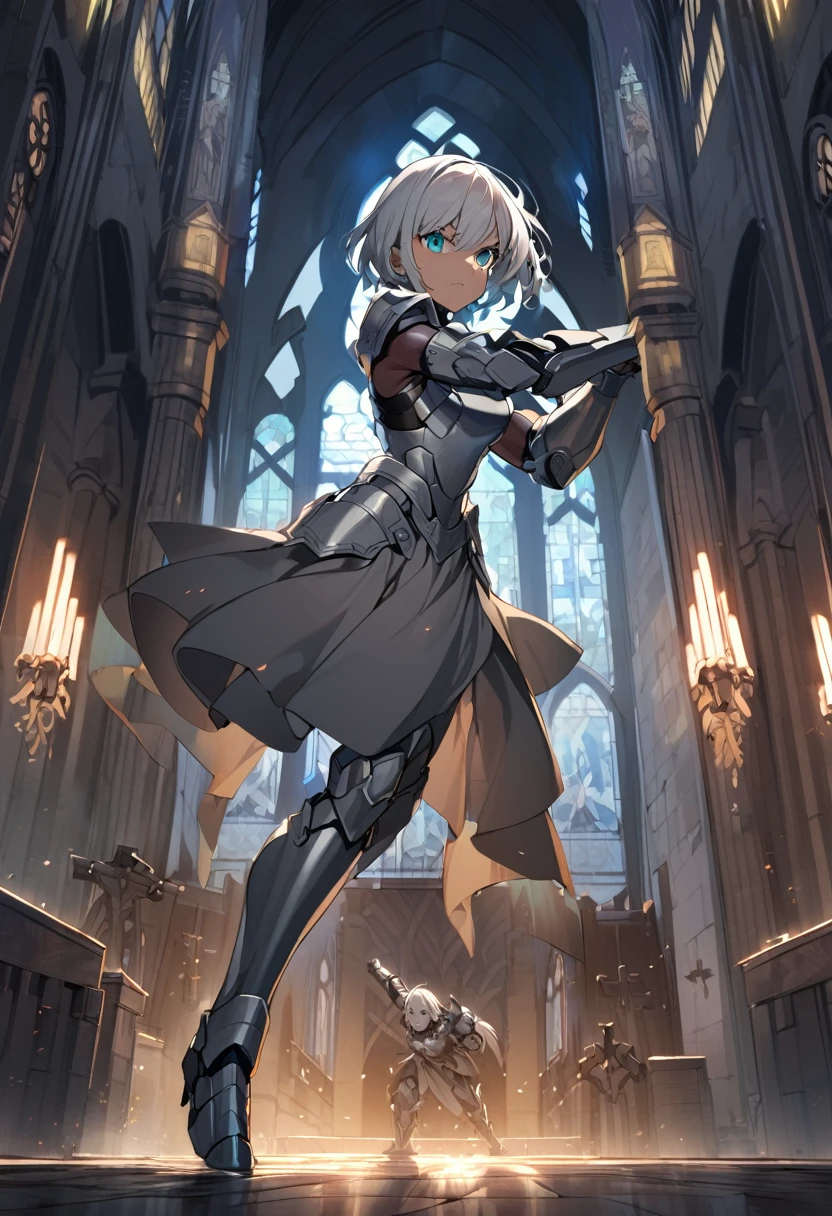 1girl, iron skin, aqua eyes, white hair, very short hair, gray dress, iron maiden armor, gray armor, church, night ambience, fighting pose, fullbody