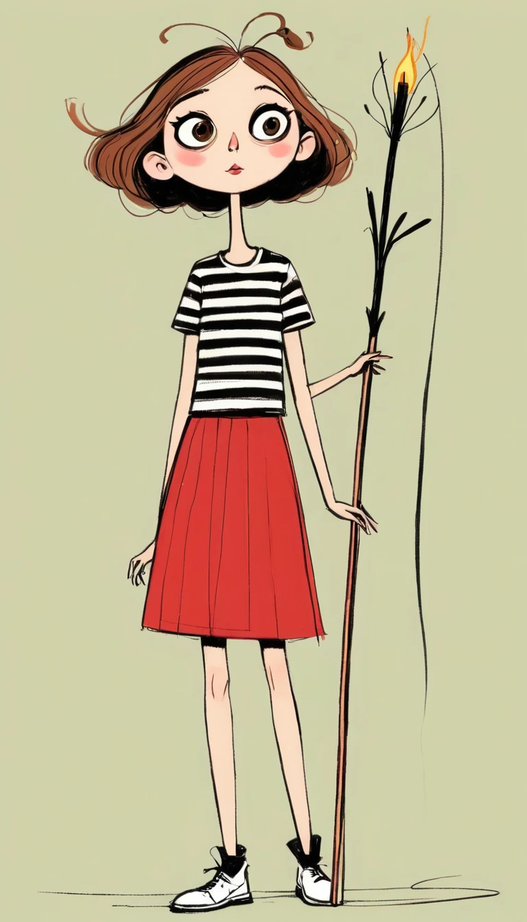 (((Exaggerated digital character sketches:1.37,Matchstick Men,Healing stick figures))).(A tall rose。1 Girl,big eyes,Pointed nose,Exaggerated expression,Striped T-shirt,Strap skirt),(Black sketch lines,Loose brushstrokes create the outline, Bright colors and simplified lines, sketch)。(Exaggerated body movements),