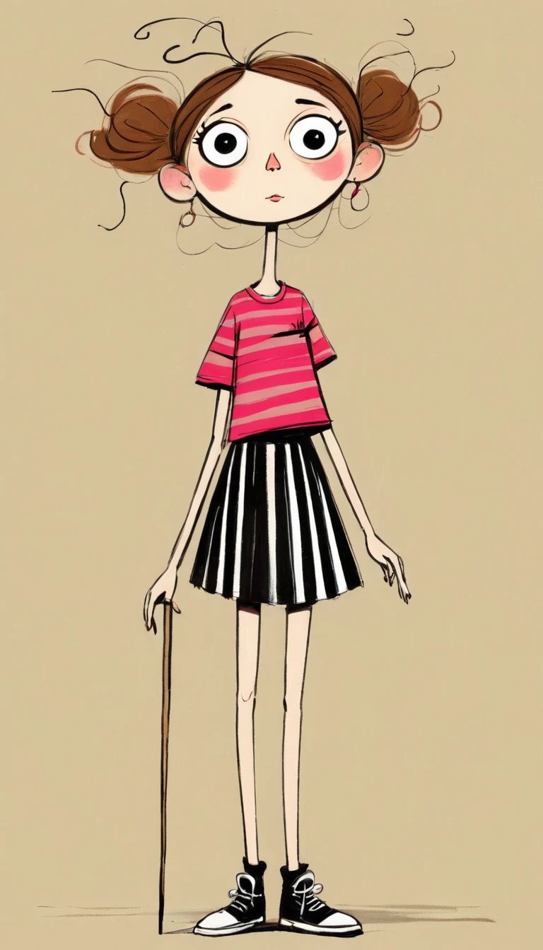 (((Exaggerated digital character sketches:1.37,Matchstick Men,Healing stick figures))).(A tall rose。1 Girl,big eyes,Pointed nose,Exaggerated expression,Striped T-shirt,Strap skirt),(Black sketch lines,Loose brushstrokes create the outline, Bright colors and simplified lines, sketch)。(Exaggerated body movements),