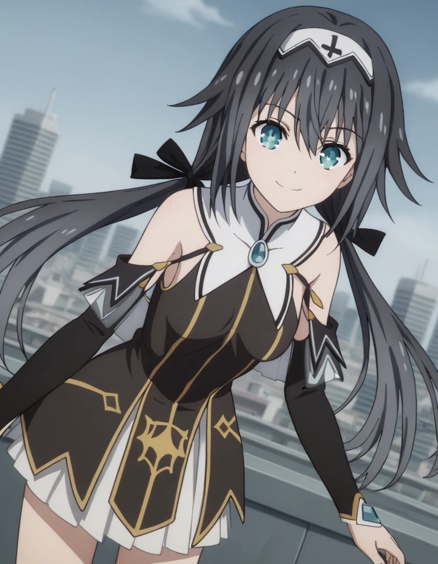 score_9, score_8_up, score_7_up, source_anime, nibelcole, nibelcole, long hair, blue eyes, black hair, hair between eyes, twintails, very long hair, hairband, low twintails, white hairband, skirt, detached sleeves, sleeveless, white skirt, black sleeves, cityscape, bent over, smile, looking at viewer, solo, cowboy shot, dutch angle,nude,nipples