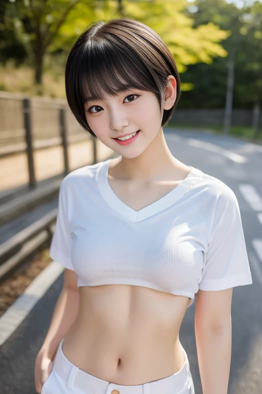 Highest quality,masterpiece,RAW Photos,8k,Best image quality,High resolution, 18-year-old Japan female idol ,Beautiful woman,Cute Japanese Girl, Beautiful woman ,Beautiful face in every detail, aegyo sal ,Small Head, Captivating smile ,Realistic human skin, Pale skin ,Cutaway model , short hair ,Bowl Cut ,Skinny body ,Pale skin,Sweat, T-Shirts, Lift up your shirt ,rib ,(Low-rise pants,From the side, Put your hands inside your clothes ), Focus on the navel, arched back, Contrasting ,