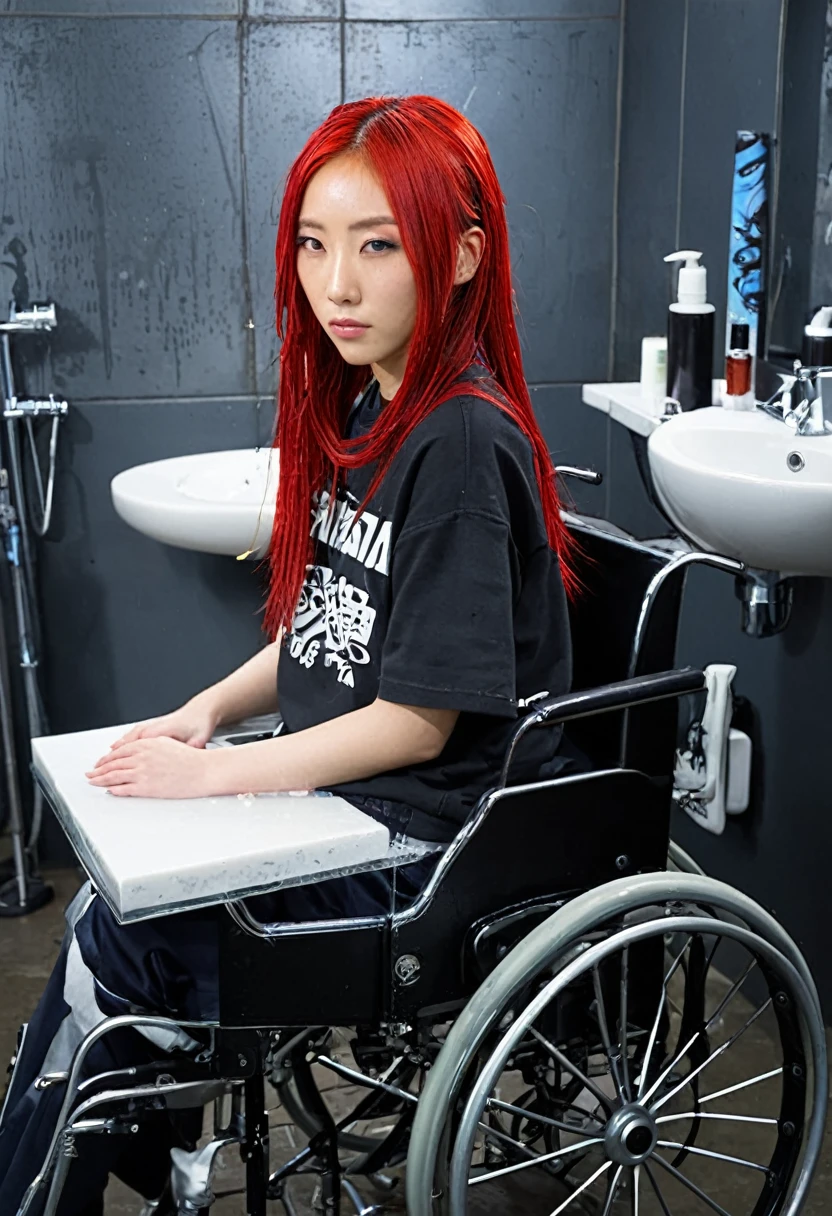Uhd, photo of Cami, subject: Noriko, 1/2 Japanese 1/2 Hainu skinny girl in 2/00 a large wheelchair with wet long red hair and head resting on a Hairdressing Sink, shampoo foam on hair, blue+++ eyes, oval face, LGBTQIA+, queer, punk style, wearing grey tracksuit treasures and black t-shirt, tattooes. Background: black walls of hairdressers' studio.