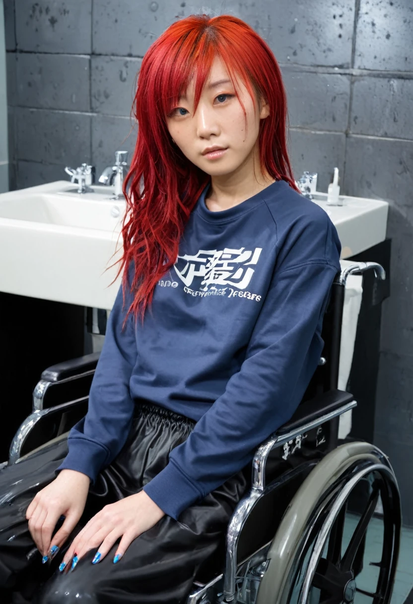 Uhd, photo of Cami, subject: Noriko, 1/2 Japanese 1/2 Hainu skinny girl in 2/00 a large wheelchair with wet long red hair and head resting on a Hairdressing Sink, shampoo foam on hair, blue+++ eyes, oval face, LGBTQIA+, queer, punk style, wearing grey tracksuit treasures and black t-shirt, tattooes. Background: black walls of hairdressers' studio.